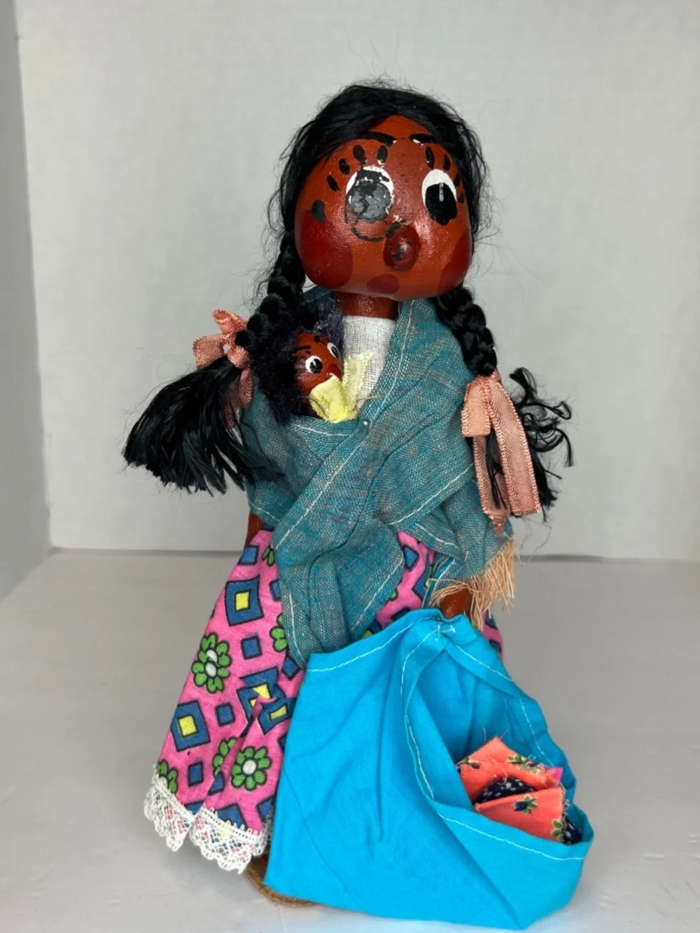 VTG Mexican Doll Mother w / Papoose Child Peddler Folk Art Handmade Rare 10